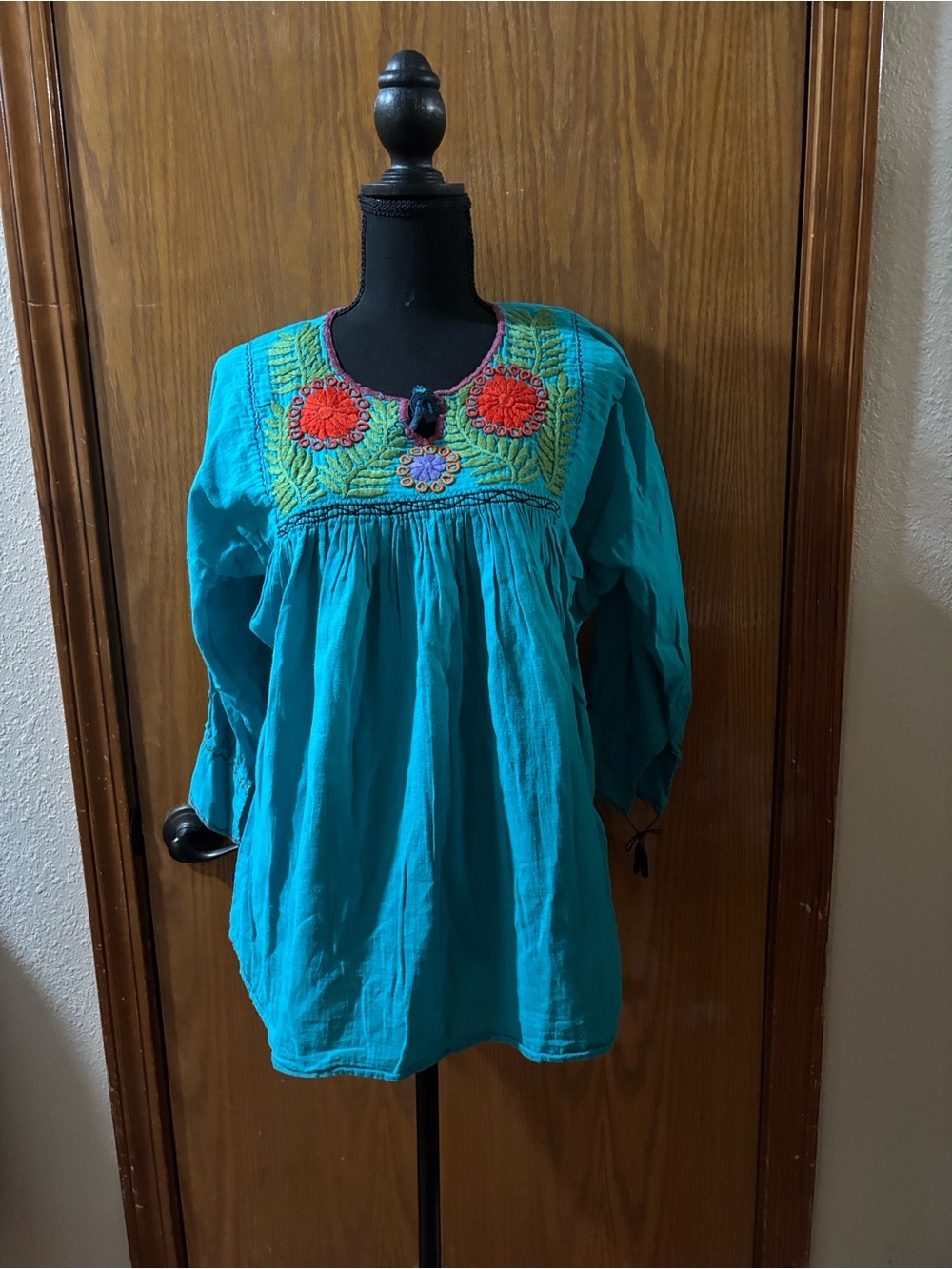 MEXICANA Teal Embroidered Peasant Tunic